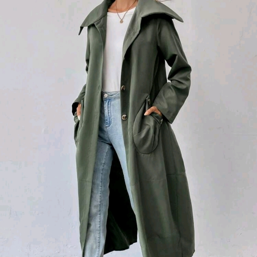 Casual Solid Color Double Pocket Long Jacket - Picture 6 of 7